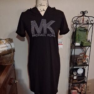 NWT Michael Kors Black Rhinestone Logo Hooded  Dress Size XS